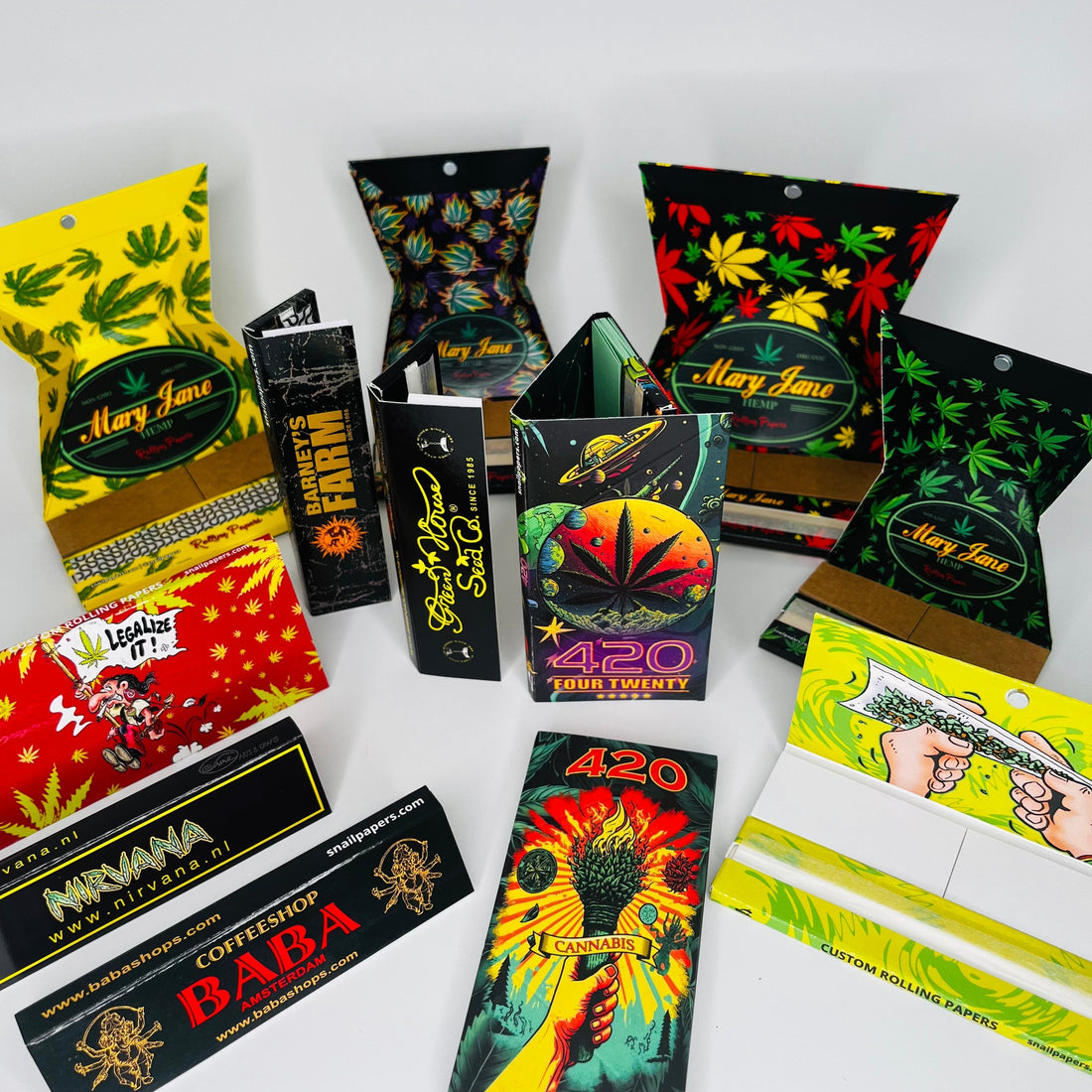 High-quality rolling papers including hemp, rice, and specialty designs