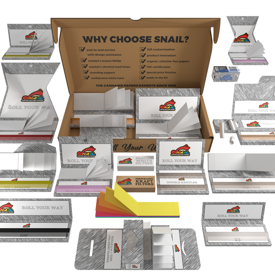 Snail Sample Pack: Explore our full range of Custom Rolling Papers and Tips