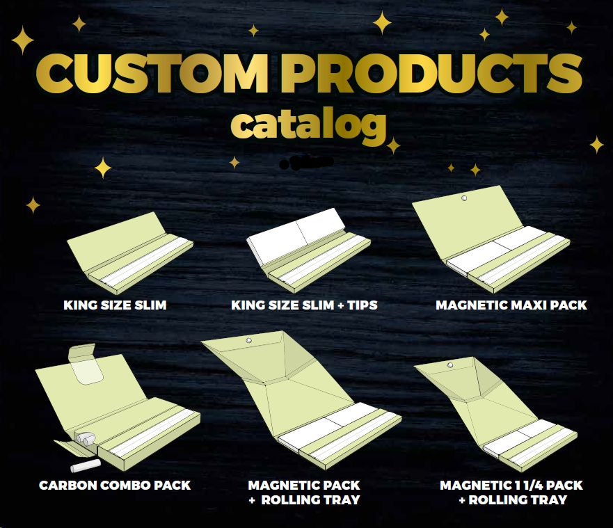 Catalog cover with illustrations of various custom product packaging options on a dark background.