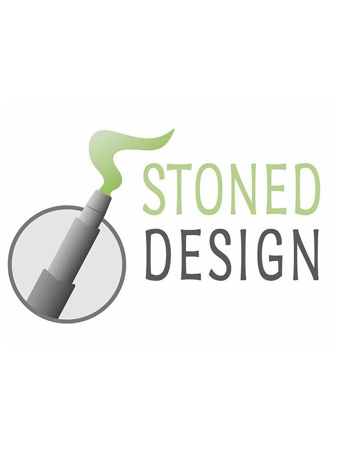 Logo of Stoned Design with a stylized paintbrush and green smoke on a white background